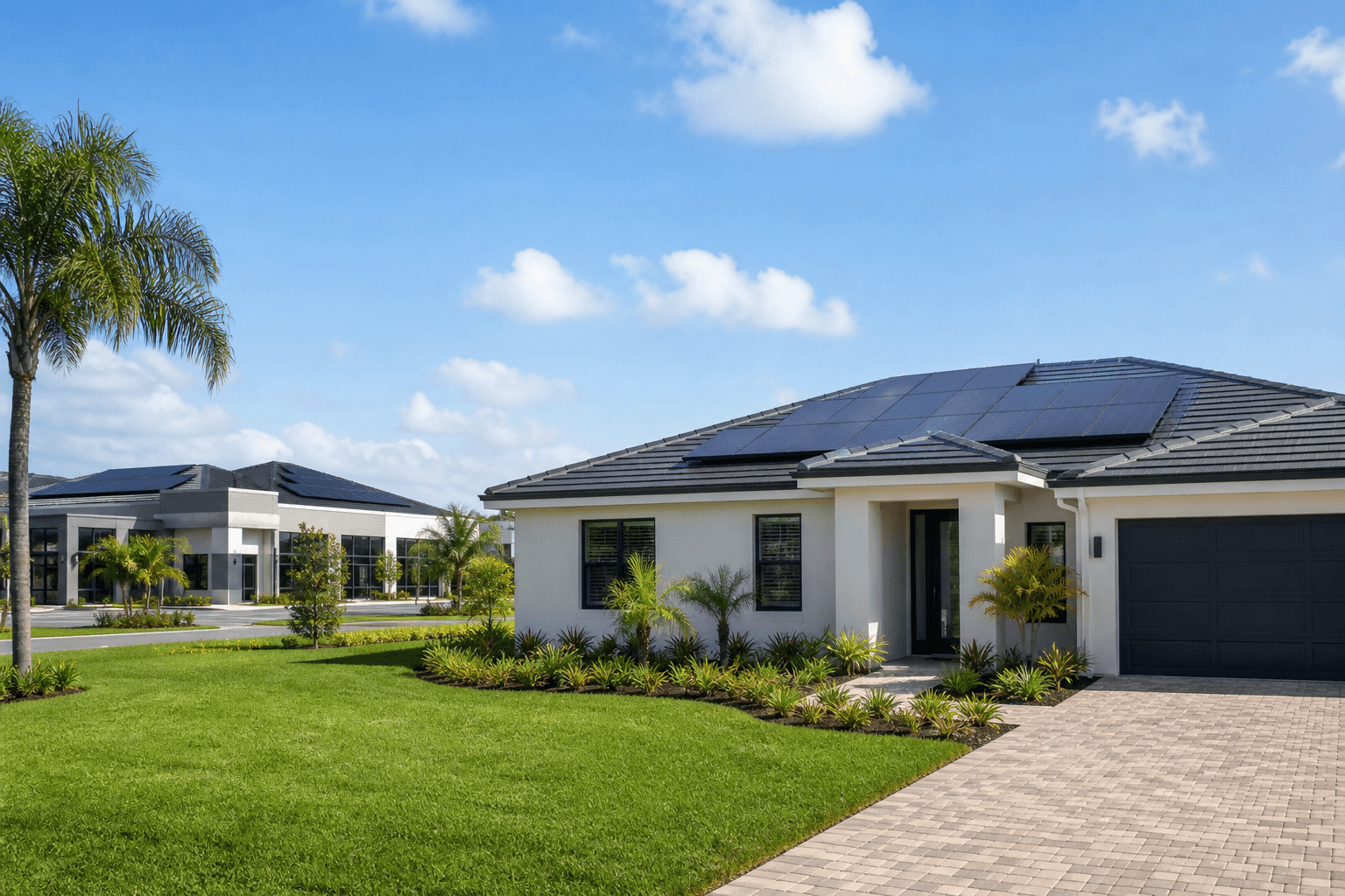 Modern Florida home with rooftop solar panels and a nearby commercial building with solar under bright daylight